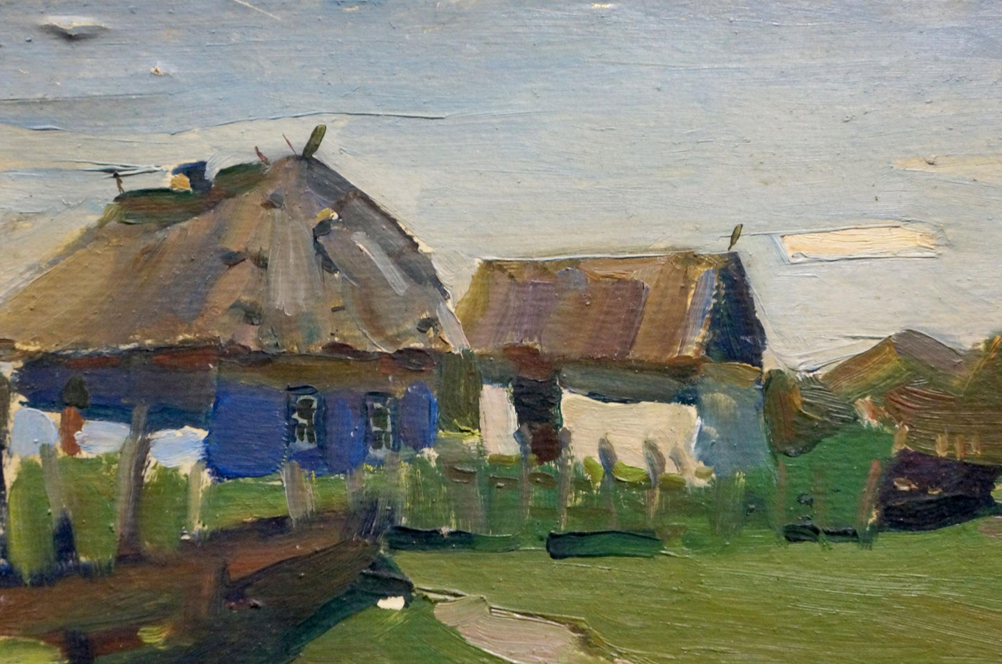 Impressionistic oil painting by Vyazovsky Lev Vsevolodovich: rustic village with blue thatched house