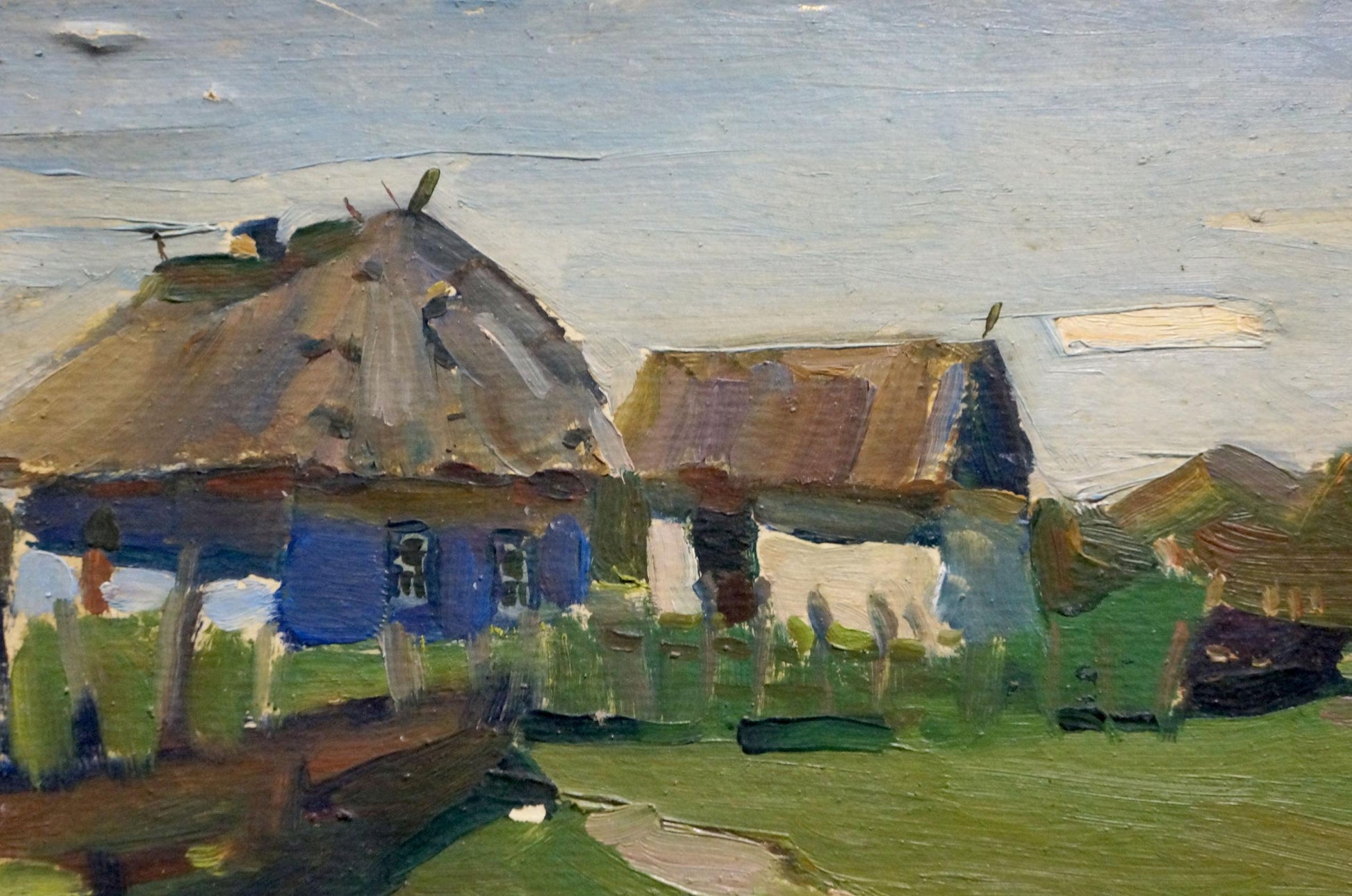 Impressionistic oil painting by Vyazovsky Lev Vsevolodovich: rustic village with blue thatched house