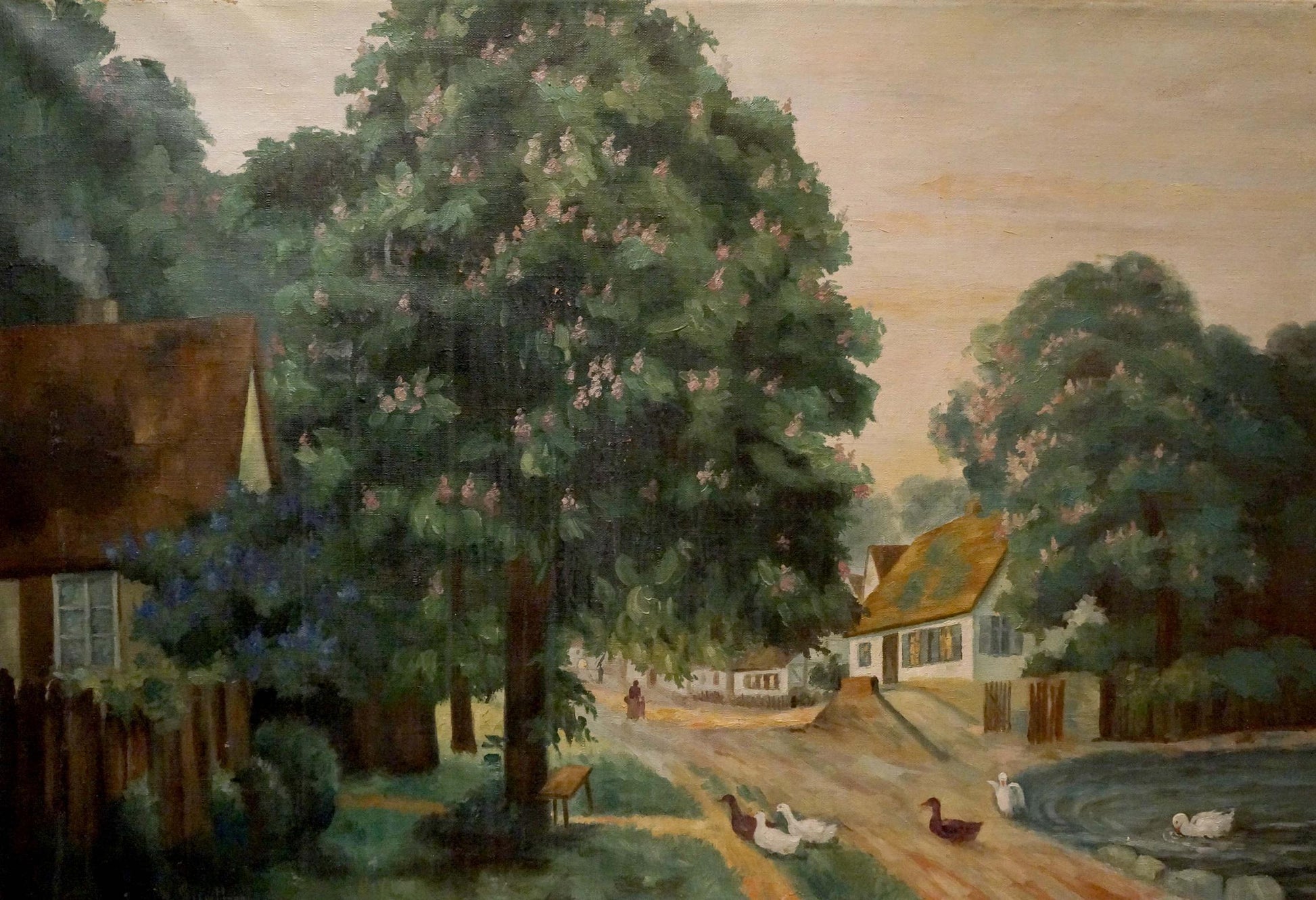 Oil painting of serene village life with lush trees and tranquil pond