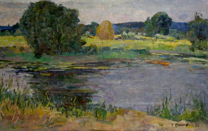 Serene impressionistic oil painting by Grigoriy Semenovich of Lake M.iy