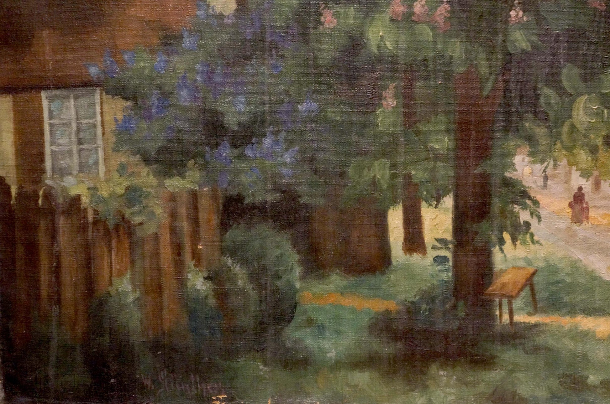 Oil painting of rustic wooden bench under trees in village garden life