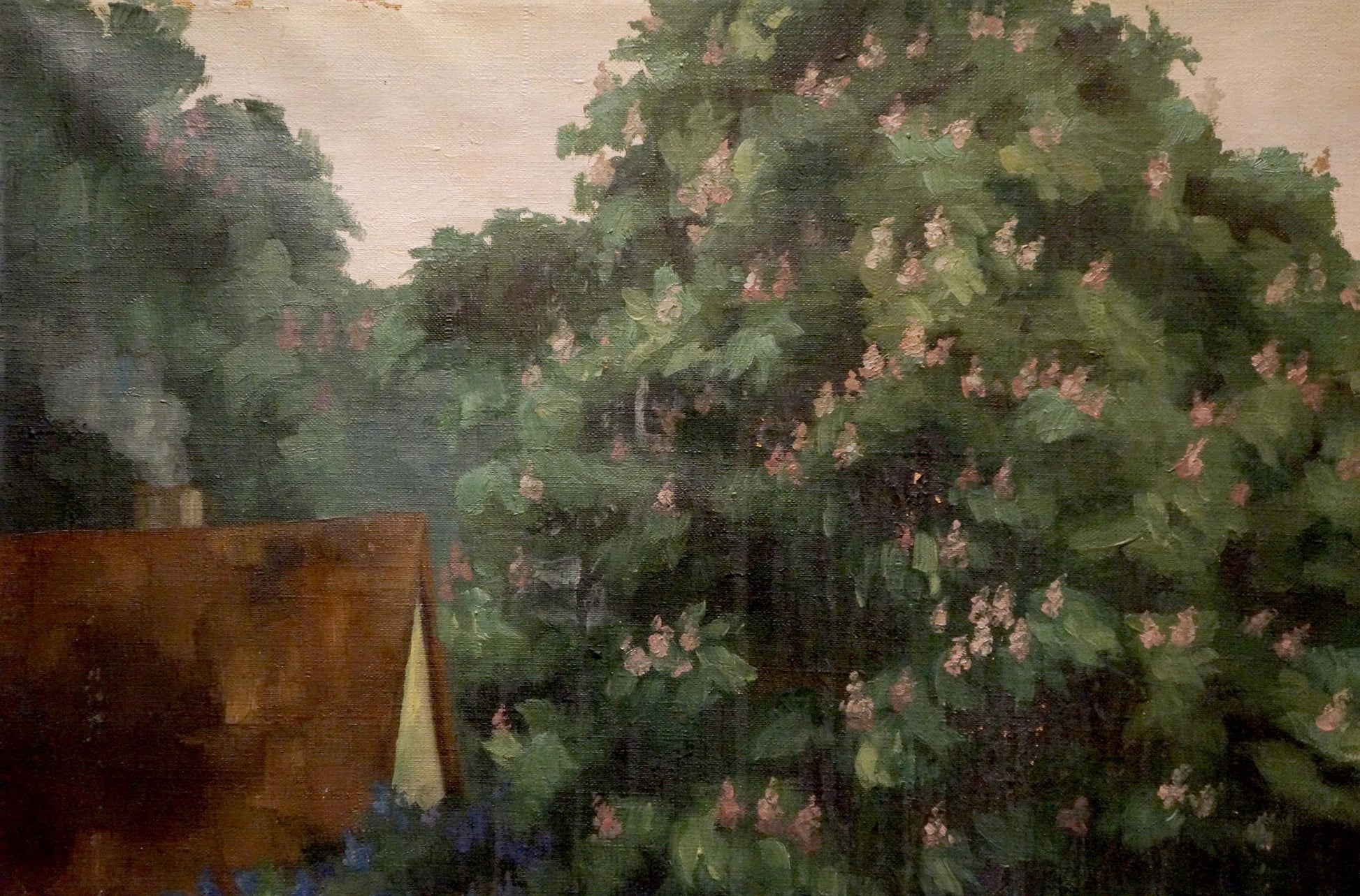 Oil painting of lush green bush with pink blossoms in village life