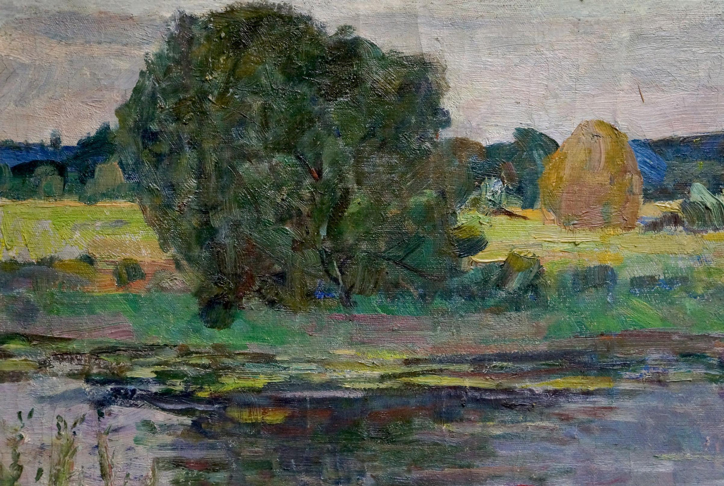 Oil painting of lush dark green tree in pastoral landscape by Lake M.iy Grigoriy Semenovich