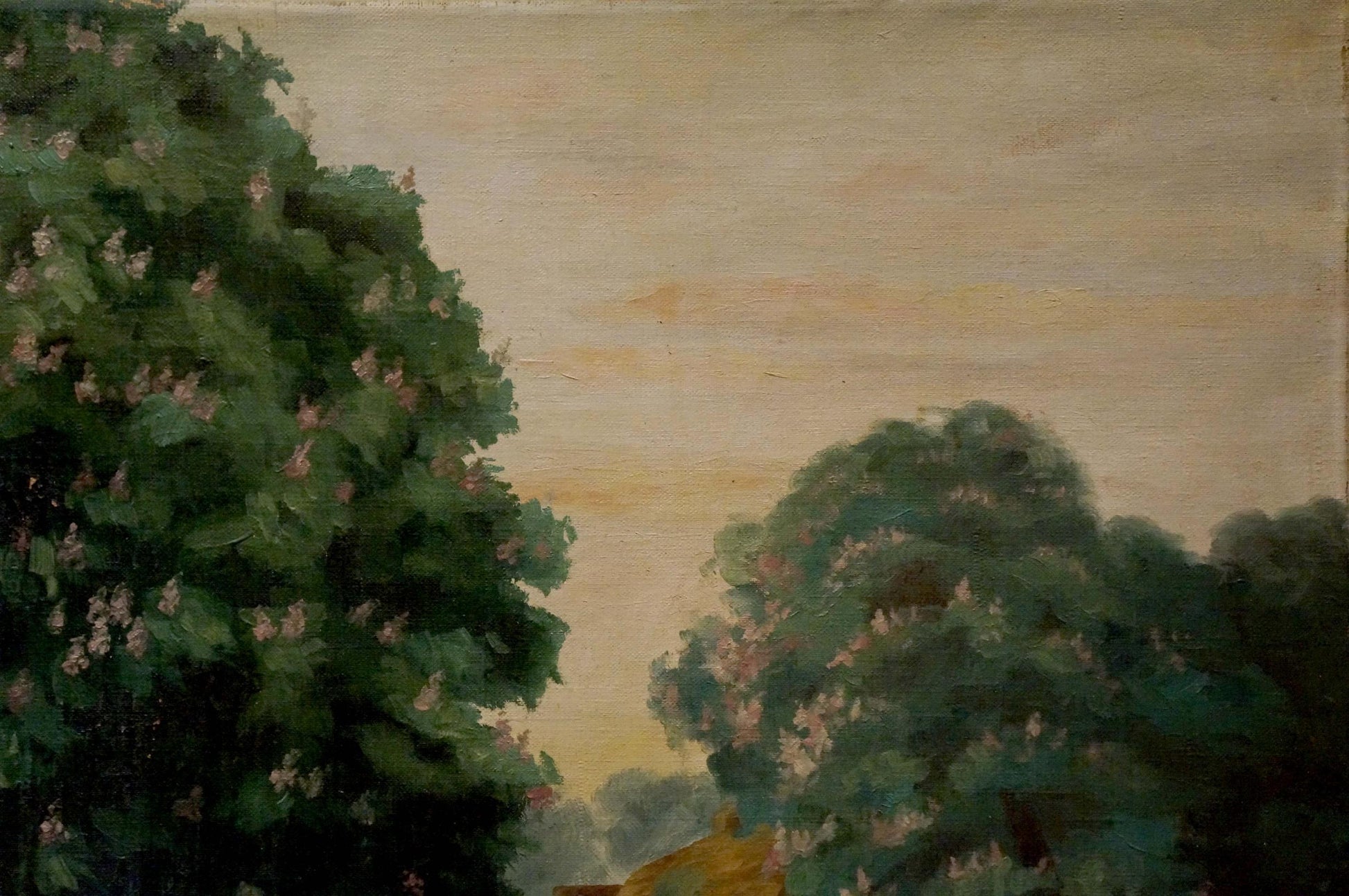 Soft-focus oil painting of village life with pink blossoms and green trees