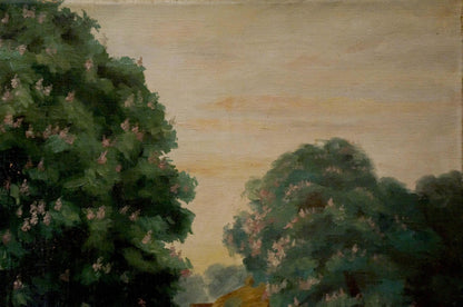 Soft-focus oil painting of village life with pink blossoms and green trees