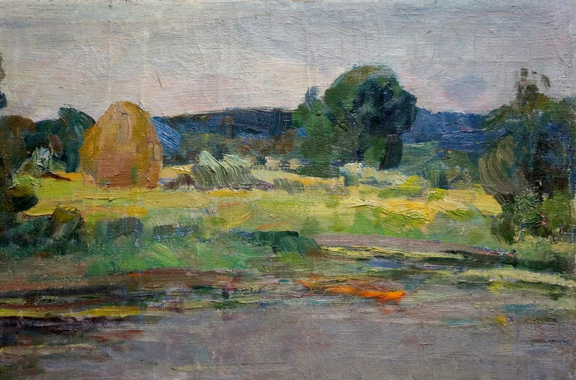 Oil painting by Lake M.iy Grigoriy Semenovich: orange hay bale in rural landscape
