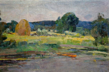 Oil painting by Lake M.iy Grigoriy Semenovich: orange hay bale in rural landscape