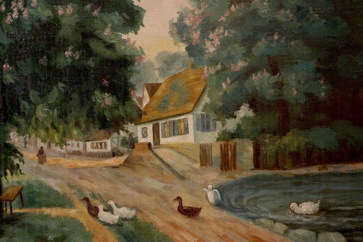 Oil painting Village Life: quaint scene with green trees, pink blossoms, white house, orange roof