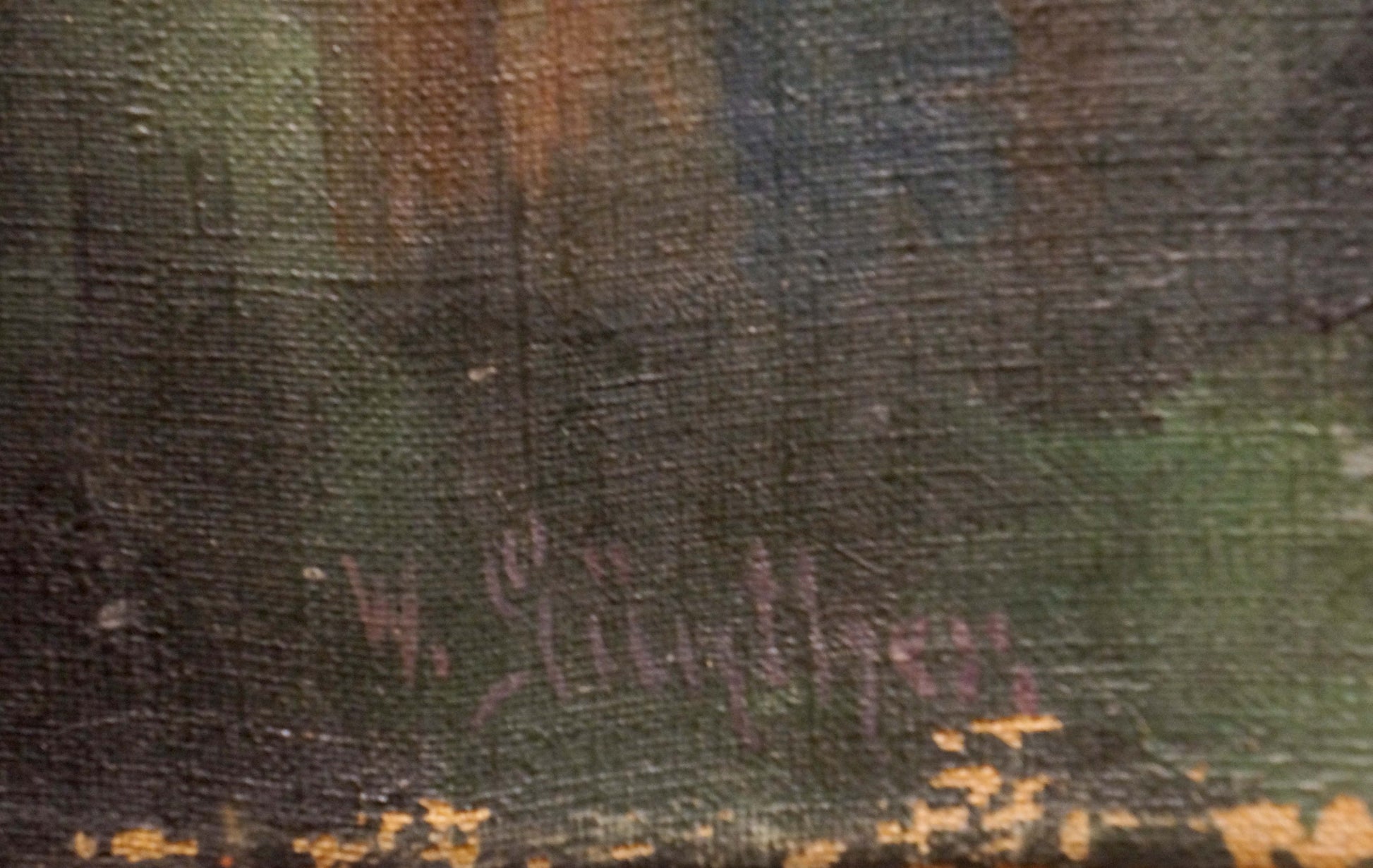 Oil painting Village Life with textured brushstrokes in muted greens and browns