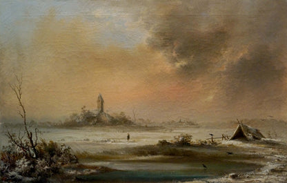 Muted winter oil painting Distance travel: snowy field, church spire, tent