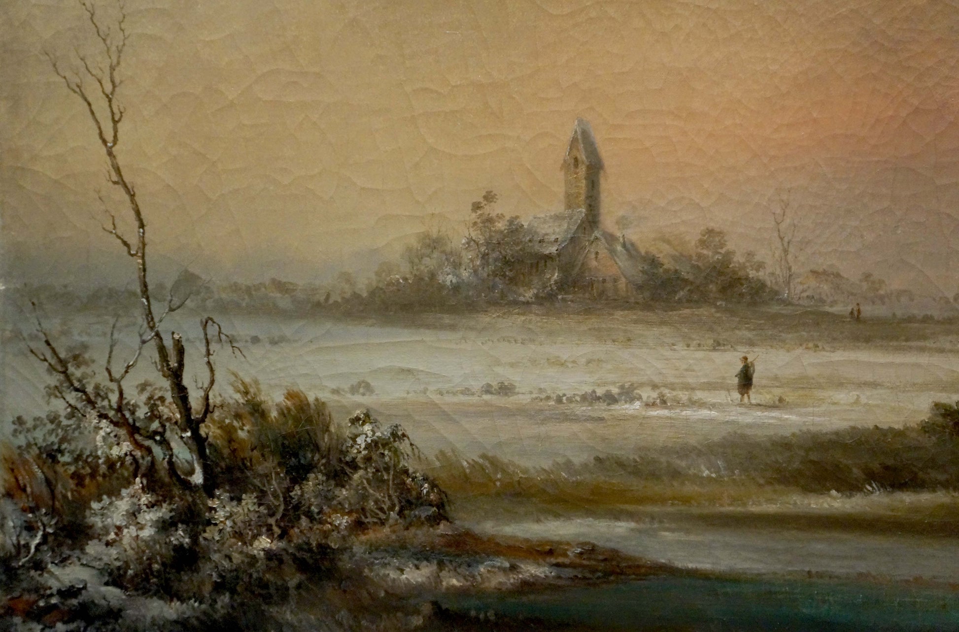 Muted oil painting of solitary church in snow fields under orange sky, Distance travel