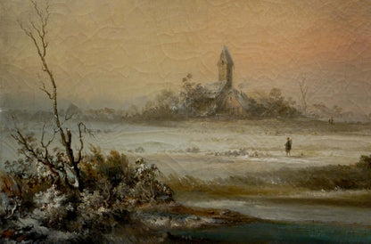 Muted oil painting of solitary church in snow fields under orange sky, Distance travel