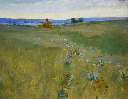 Serene impressionistic oil painting Meadows Poltavetsky: golden field with wildflowers