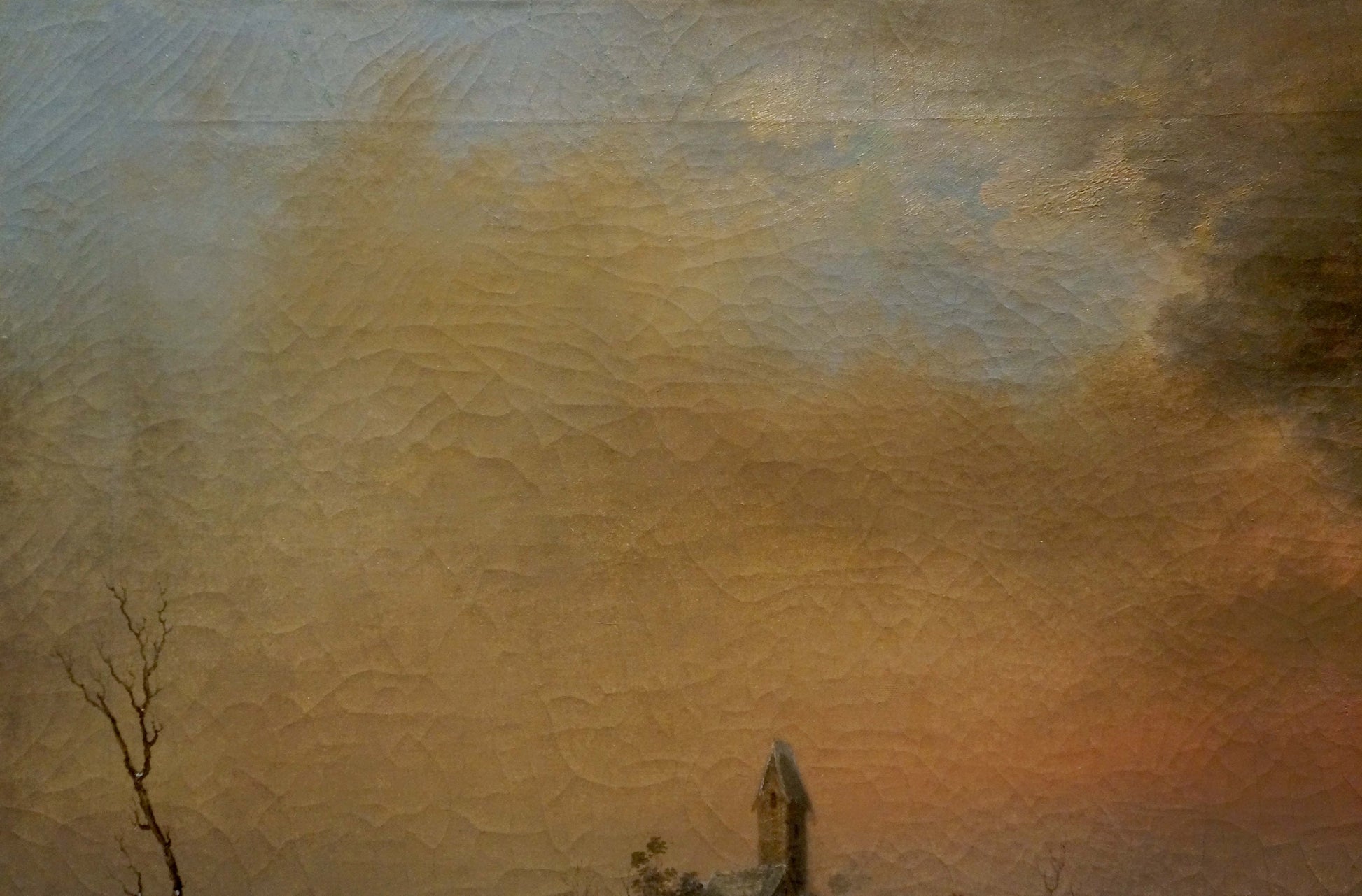 Oil painting Distance travel: serene orange-gray sky over church steeple silhouette