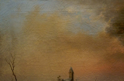 Oil painting Distance travel: serene orange-gray sky over church steeple silhouette
