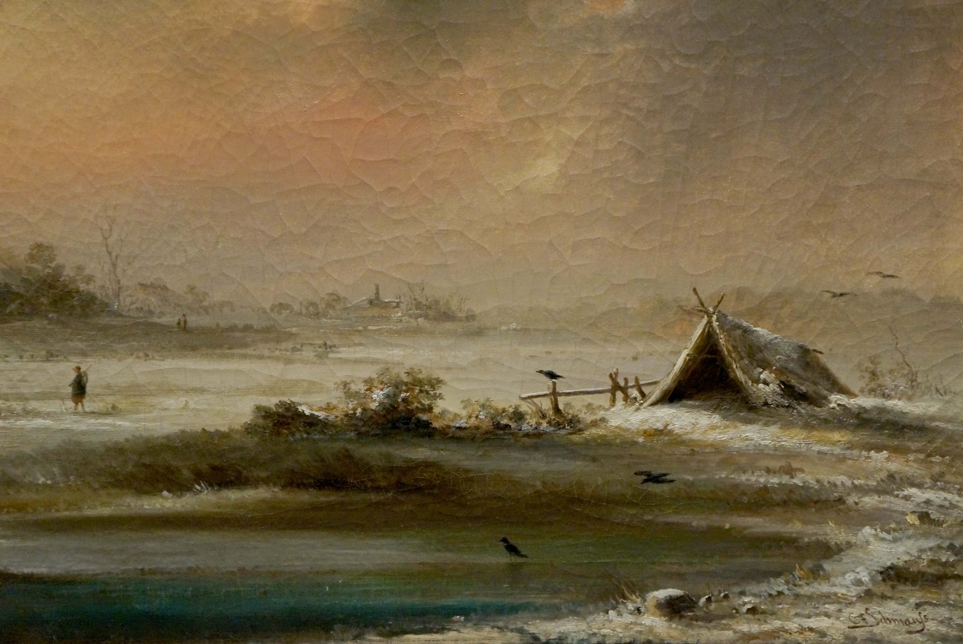 Rustic snow-dusted teepee in misty winter landscape oil painting