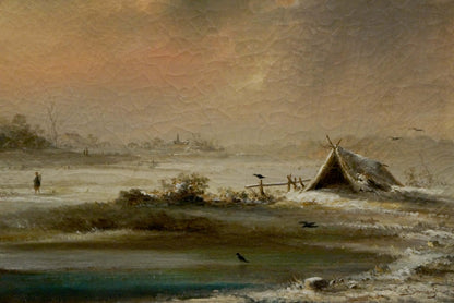 Rustic snow-dusted teepee in misty winter landscape oil painting