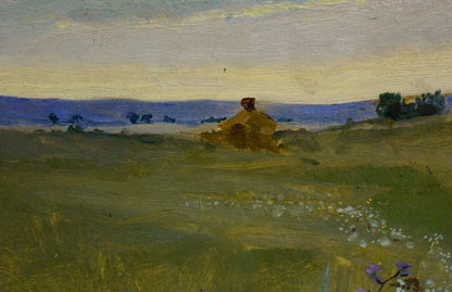 Oil painting Meadows Poltavetsky: golden hay bale in sunlit field