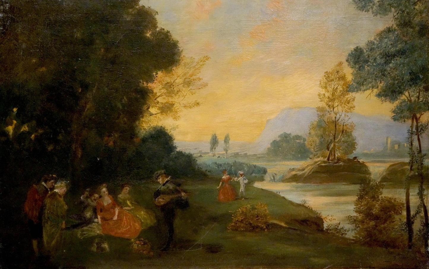 Classical oil painting of 18th-century picnic rest by riverbank in golden light