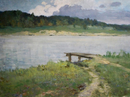 Oil painting Path to the river: weathered dock on calm lake under overcast sky