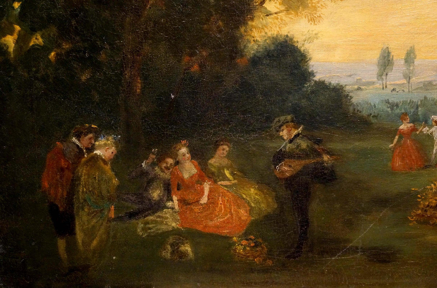 Vibrant orange gown with gold embroidery in oil painting picnic rest scene
