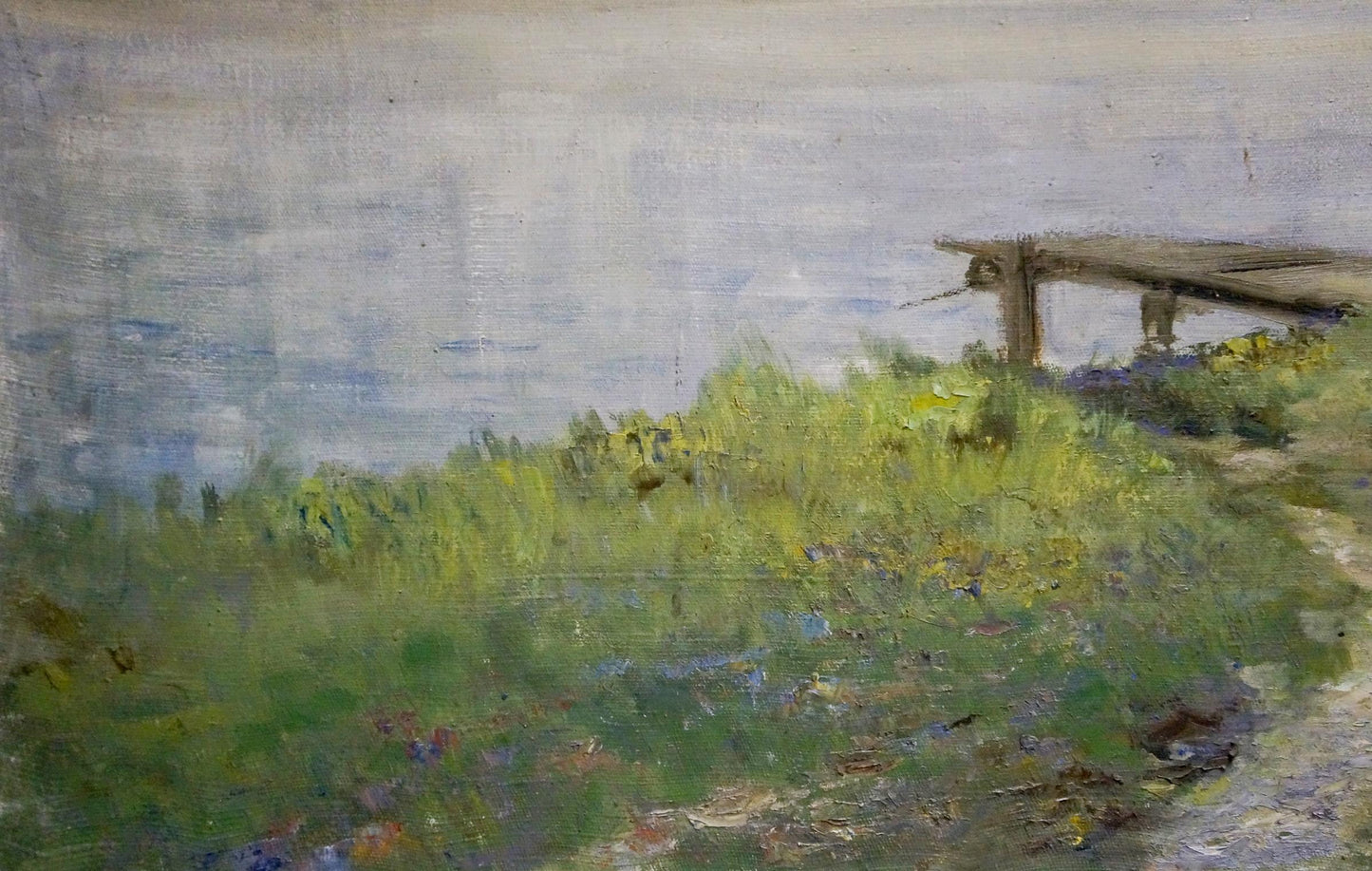 Oil painting Path to the river: rustic pier into misty waterway with wildflowers