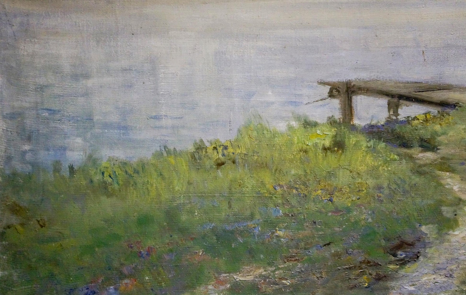 Oil painting Path to the river: rustic pier into misty waterway with wildflowers