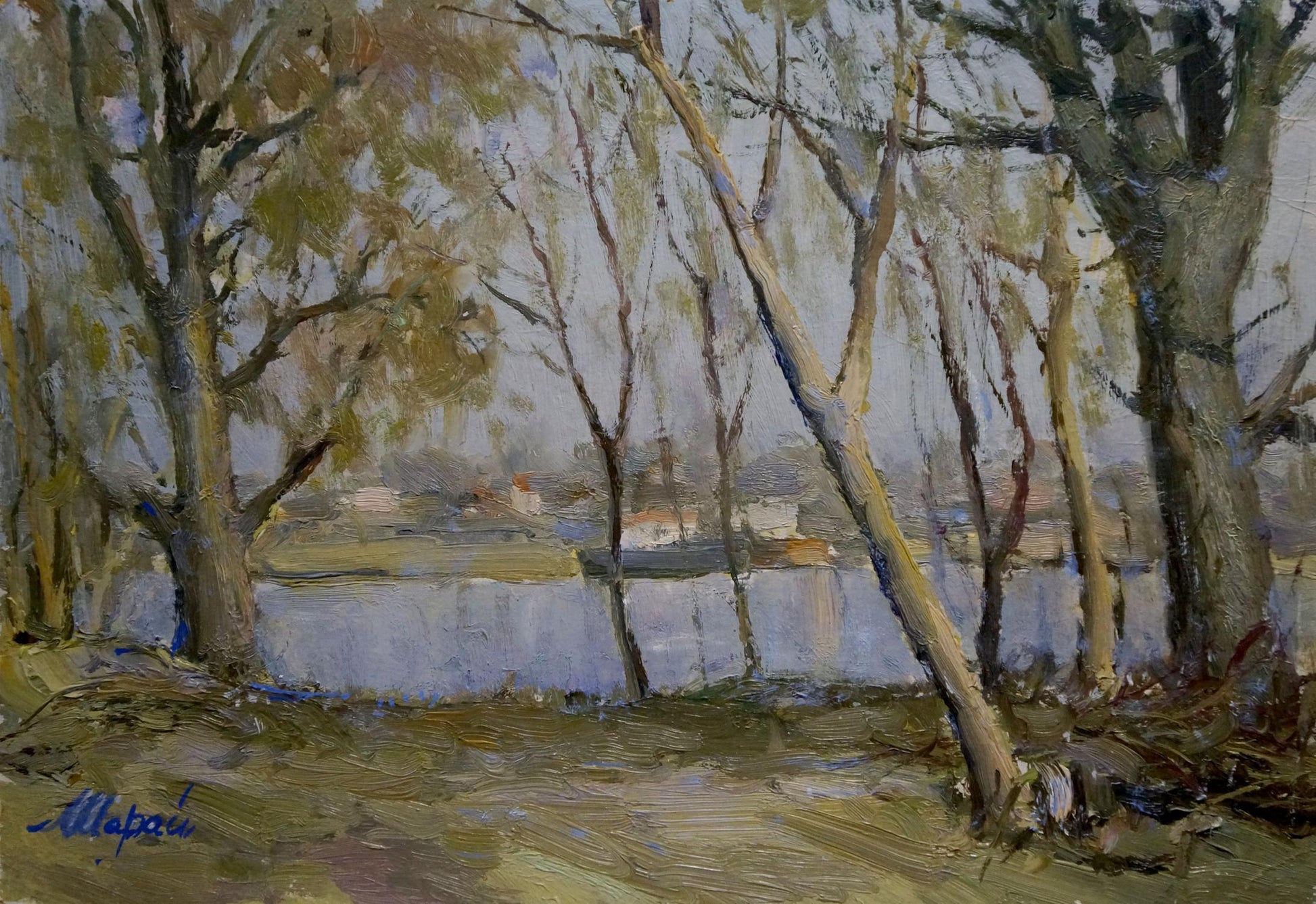 Oil painting of Trukhanov Island by Sharay L.G., tranquil riverside scene
