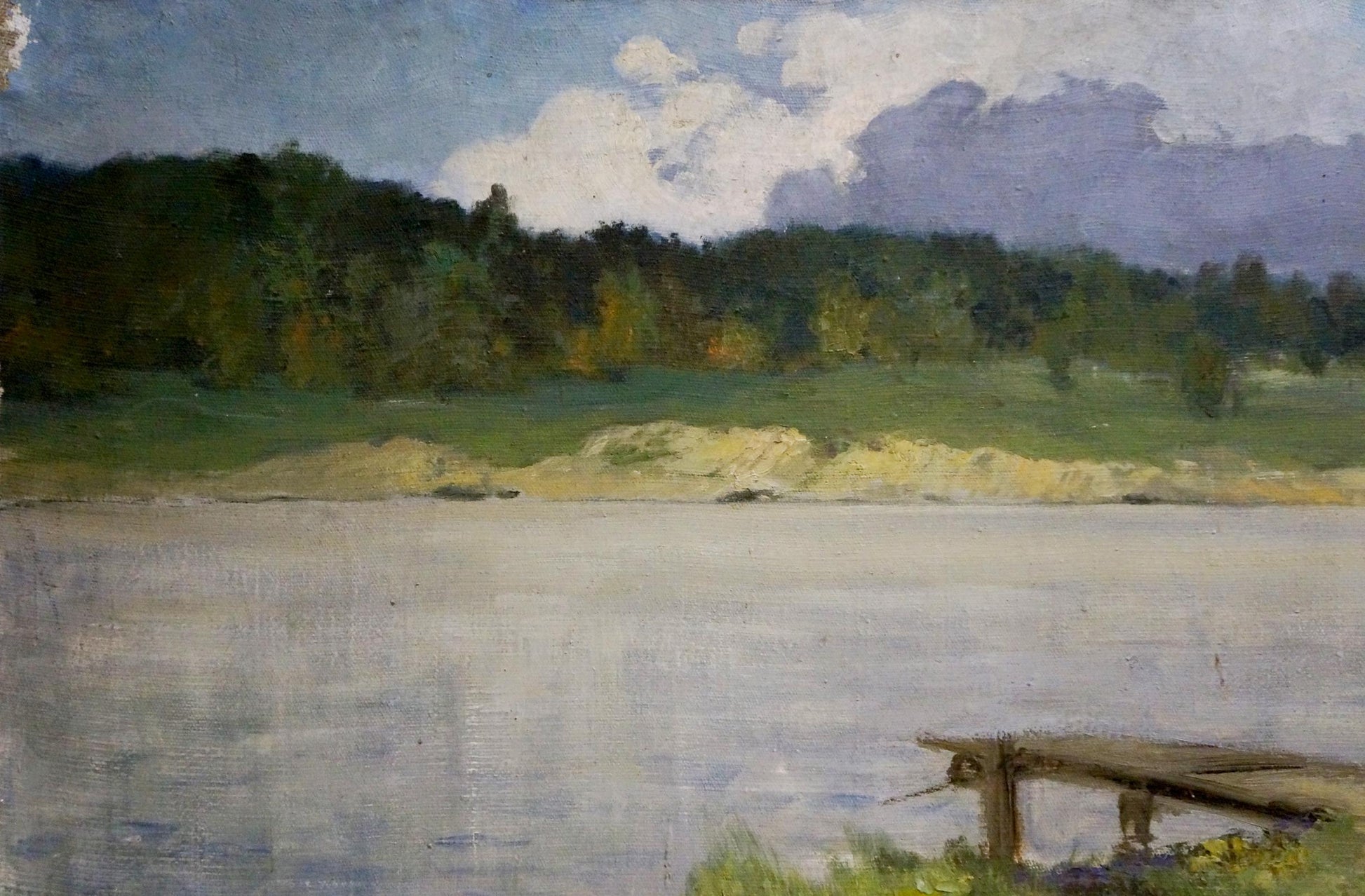 Oil painting Path to the river: wooden dock in calm water under partly cloudy sky