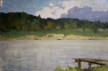 Oil painting Path to the river: wooden dock in calm water under partly cloudy sky
