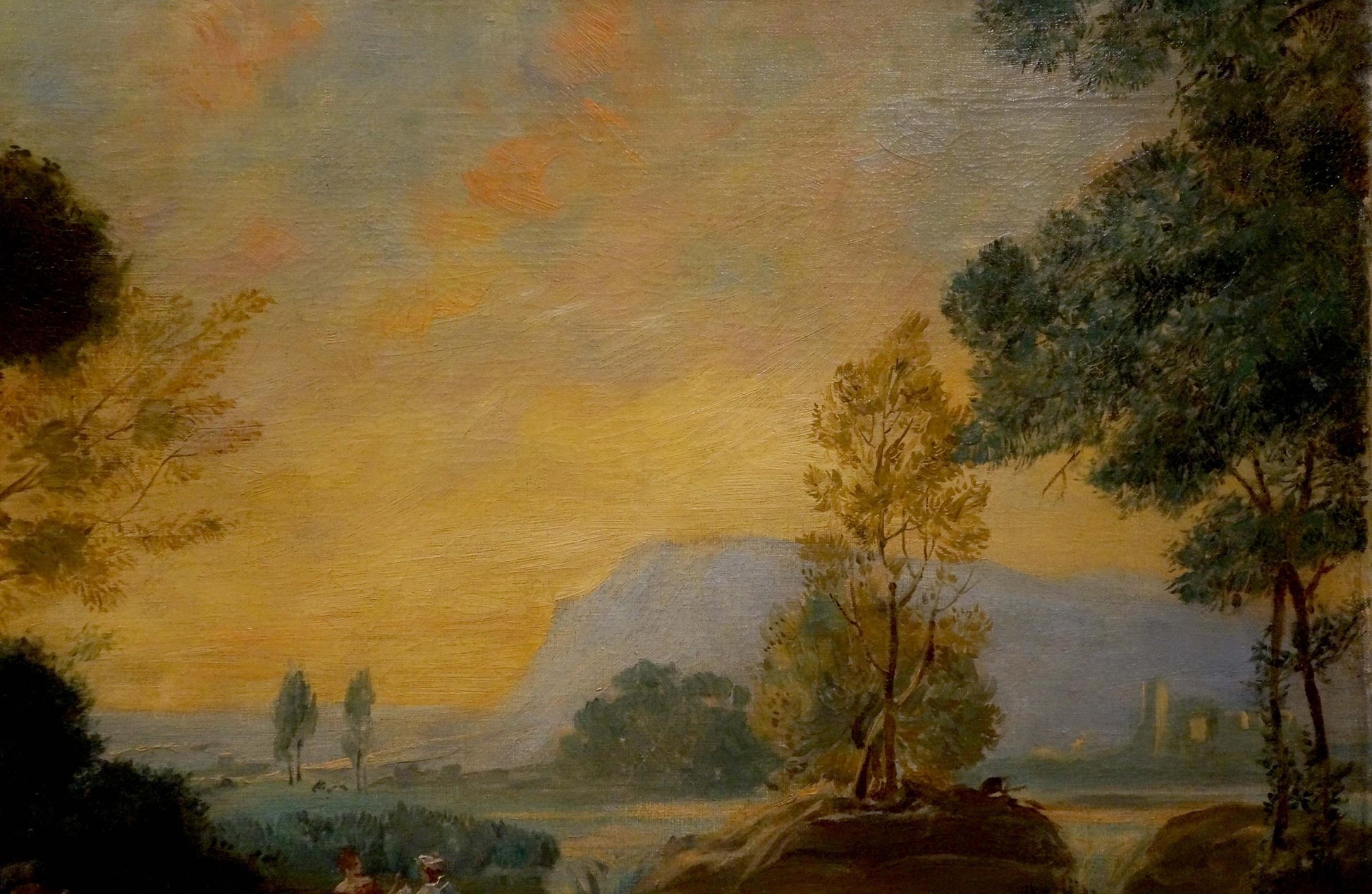 Serene dusk landscape oil painting with picnic rest scene