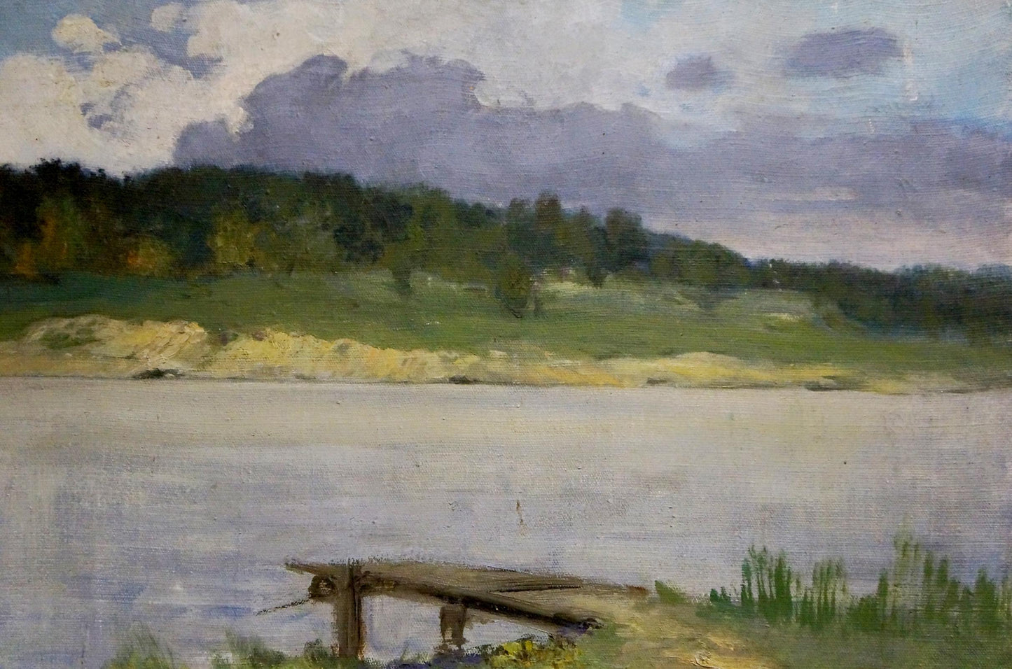 Oil painting Path to the river: weathered dock into calm grayish-blue lake