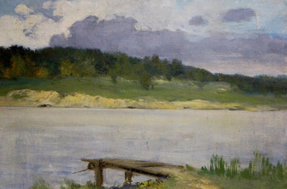 Oil painting Path to the river: weathered dock into calm grayish-blue lake