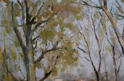 Oil painting of Trukhanov Island by Sharay L.G.: bare branches in earthy tones
