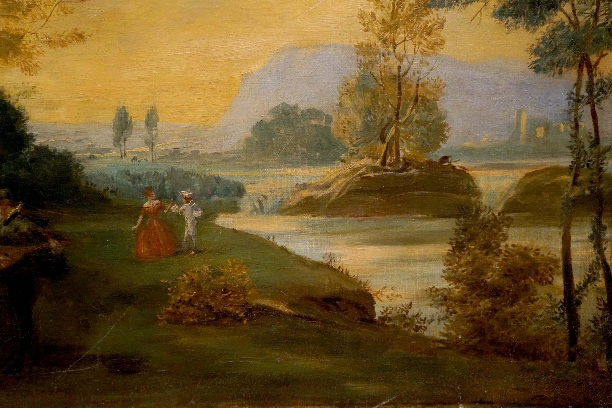 Classical oil painting of people resting on picnic by river under golden sky