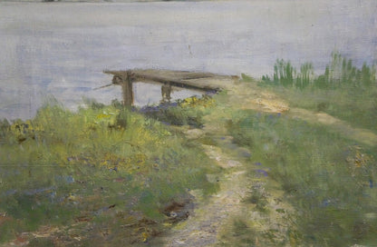 Oil painting Path to the river: weathered wooden pier over calm grayish waterway