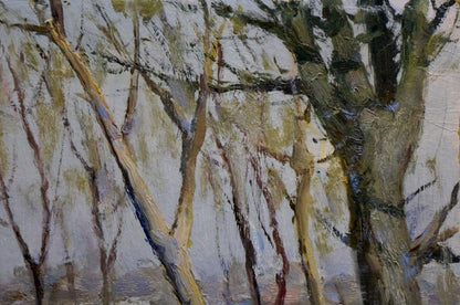 Impressionistic oil painting of Trukhanov Island tree trunks by Sharay L. G