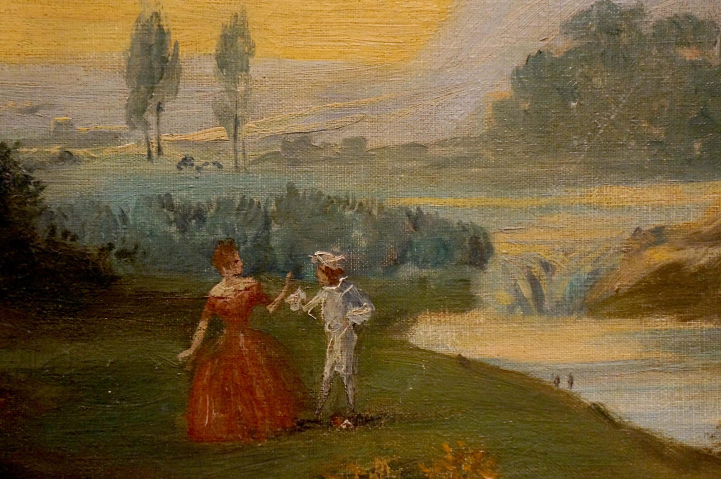 Oil painting of couple resting on picnic in red dress white outfit by lake sunset