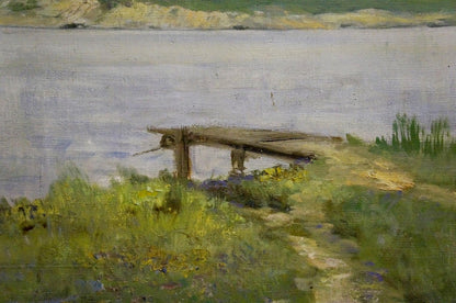 Weathered wooden dock in Path to the River oil painting