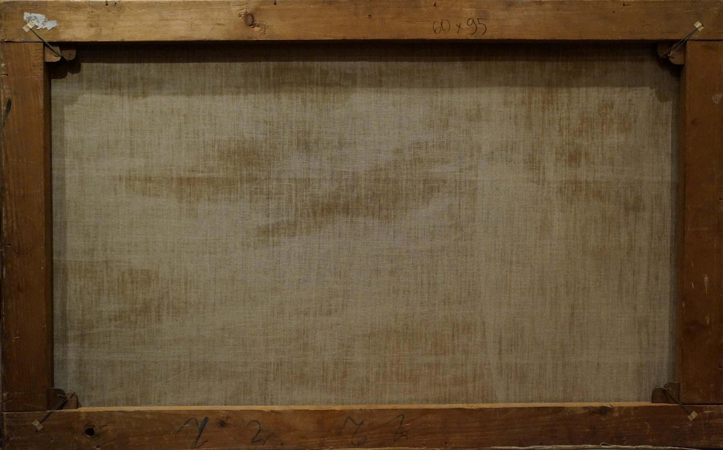 Back of wooden-framed oil painting People have a rest on a picnic, beige canvas