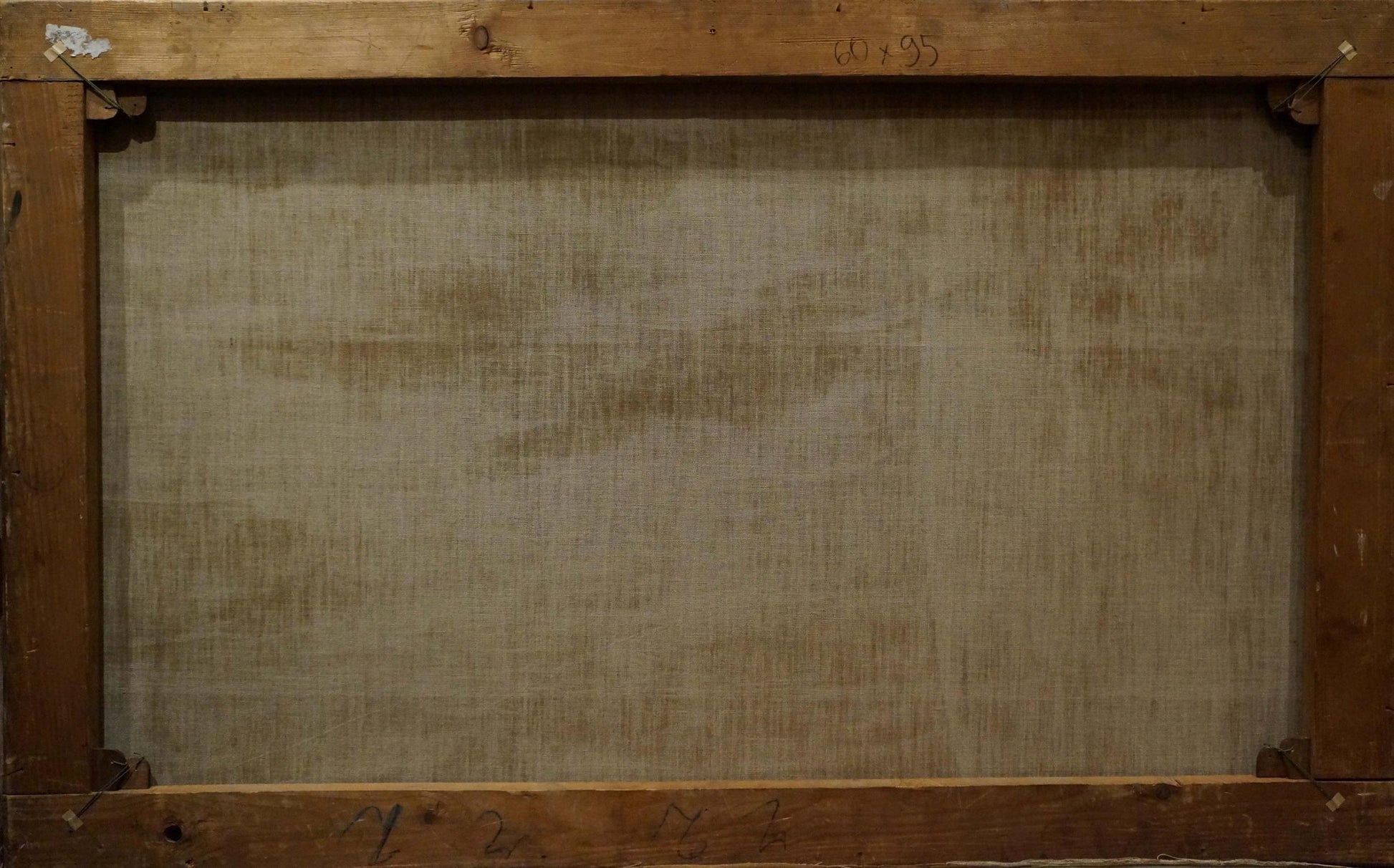 Back of wooden-framed oil painting People have a rest on a picnic, beige canvas
