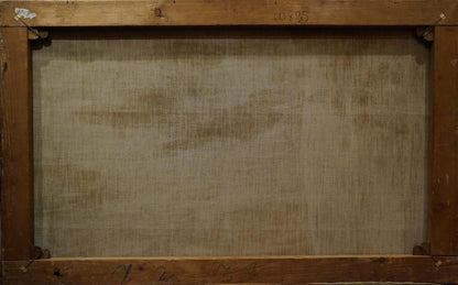 Back of wooden-framed oil painting People have a rest on a picnic, beige canvas
