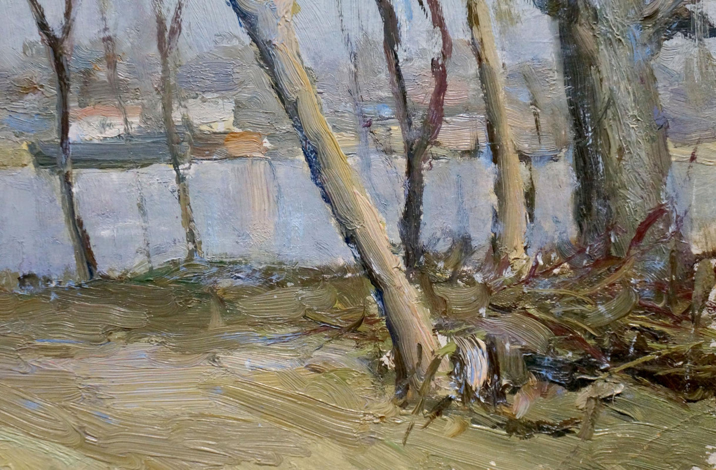 Oil painting of Trukhanov Island bare trunks by Sharay L. G