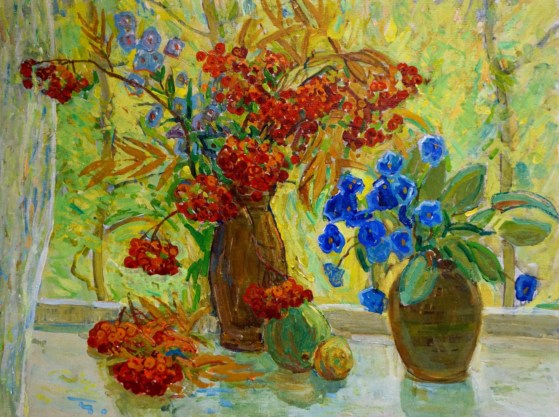 Oil painting by Monakhov Lev Ivanovich: rustic vase with red berries, blue flowers