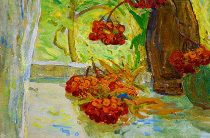 Oil painting by Monakhov Lev Ivanovich: brown vase with red berries