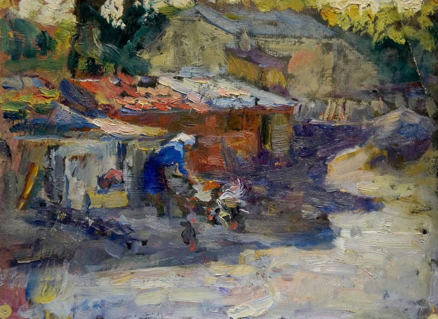Vibrant impressionist oil painting of rustic village outside scene