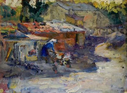 Vibrant impressionist oil painting of rustic village outside scene