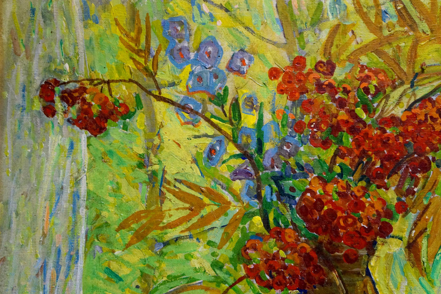 Vibrant impressionist oil painting by Monakhov Lev Ivanovich with red berries and blue flowers