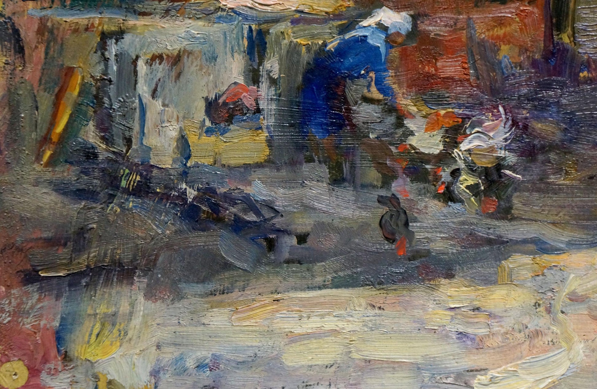 Abstract oil painting Outside with bold blue red yellow gray brushstrokes
