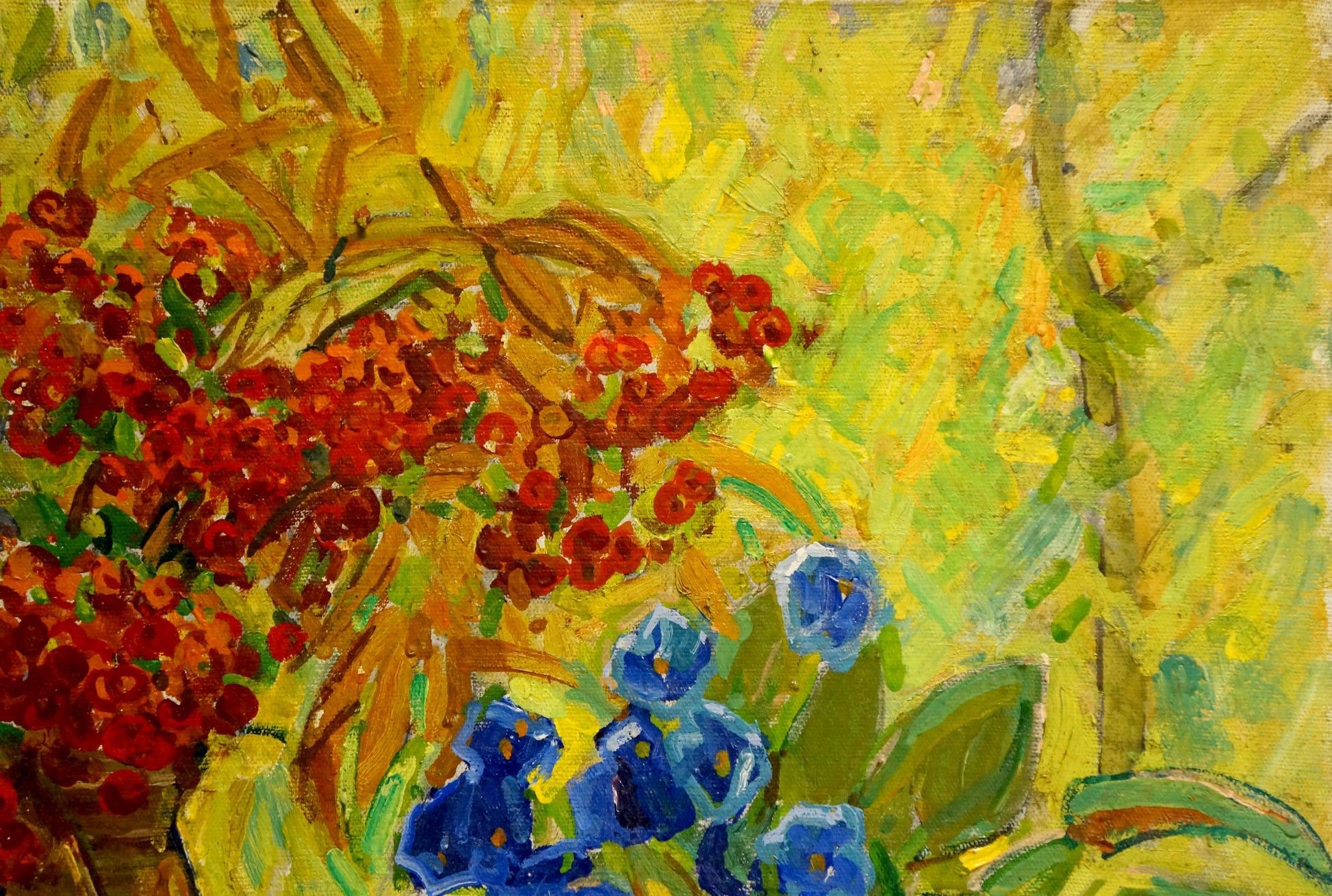 Oil painting Still life by Monakhov Lev Ivanovich with vibrant red blue flowers